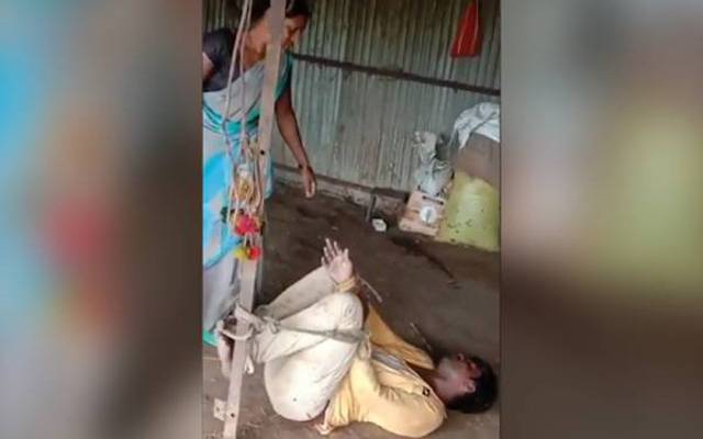 بیوی کی شوہر کو رسیوں سے باندھ کر پٹائی 