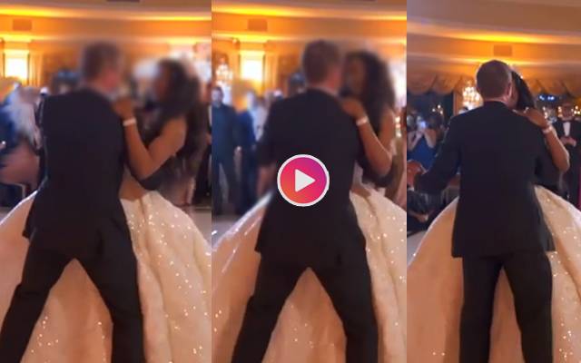 Couple falls down stage