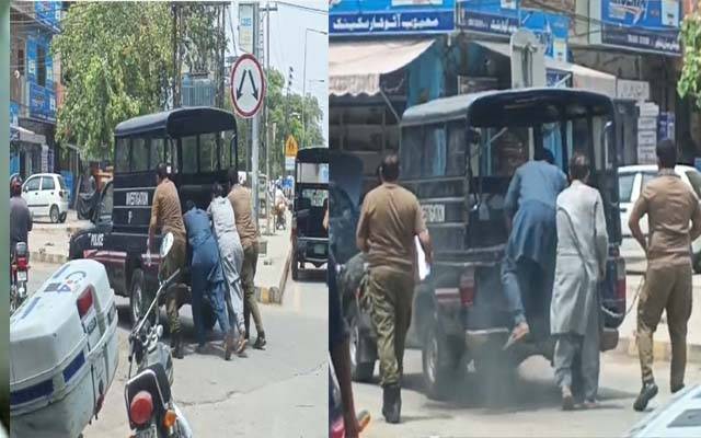 پولیس وین خراب،ہتھکڑیوں میں جکڑے ملزم دھکالگاتے رہے